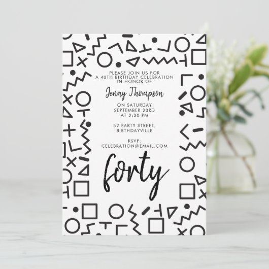 '80's Black White Retro Shapes Birthday Party' (Zw Kaart (Staand voorkant)