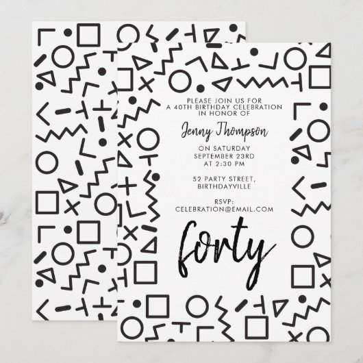 '80's Black White Retro Shapes Birthday Party' (Zw Kaart (Voorkant / Achterkant)