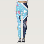 80's Blauw Lichtblauw Geometrische Vorm Leggings (Voorkant)