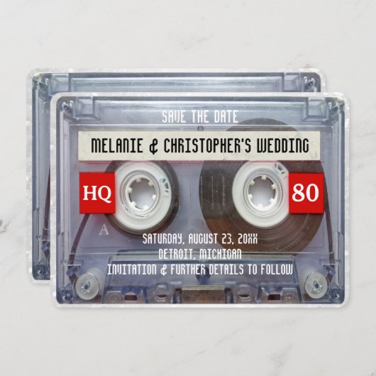 80s Cassette Mixtape 1980s Wedding Save the Date Kaart (Voorkant / Achterkant)