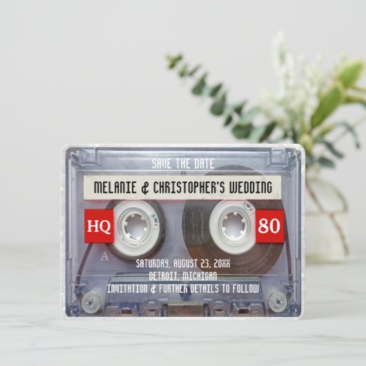80s Cassette Mixtape 1980s Wedding Save the Date Kaart (Staand voorkant)