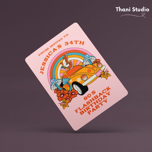 80s Flashback Retro Verjaardagsfeestje Roze Kaart