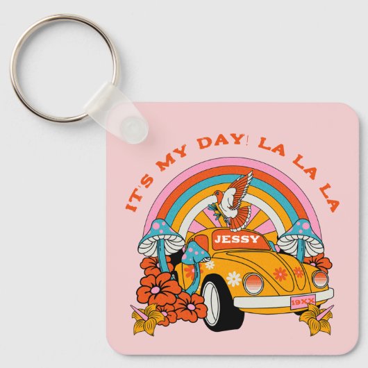 80s Flashback Retro Verjaardagsfeestje Roze Sleutelhanger (Voorkant)