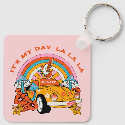 80s Flashback Retro Verjaardagsfeestje Roze Sleutelhanger (Achterkant)