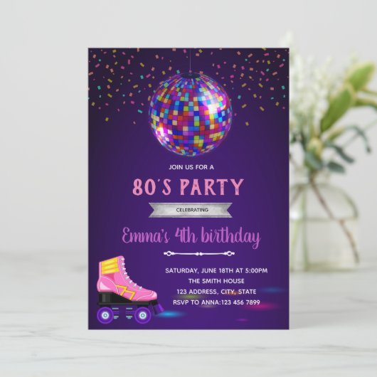 80s gloed schaats partijuitnodiging feestdagenkaart (Staand voorkant)