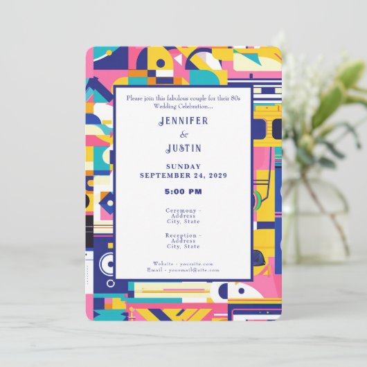 80s Graphics Retro Pattern Wedding Invitation Kaart (Staand voorkant)