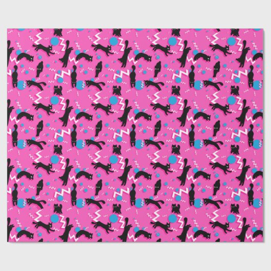 80s Katten Black Pink Geometric Memphis Pattern Cadeaupapier (Vlak)