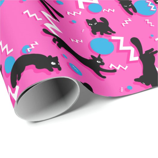 80s Katten Black Pink Geometric Memphis Pattern Cadeaupapier (Rol Hoek)