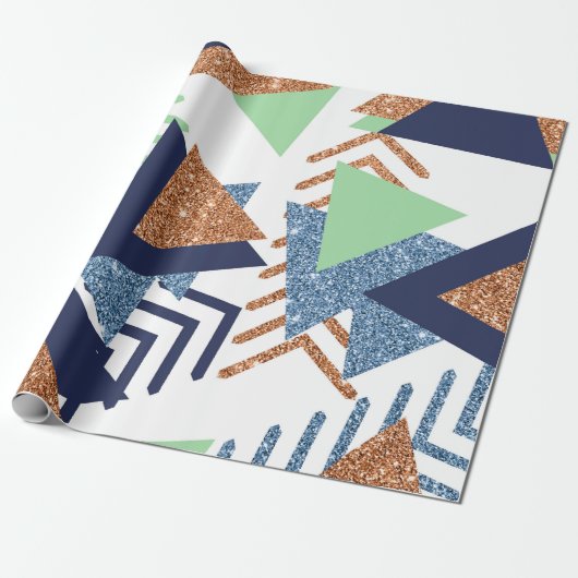 80s Kleur Abstract | Navy Roos Gold Mint 90s Cadeaupapier (Uitgerold)