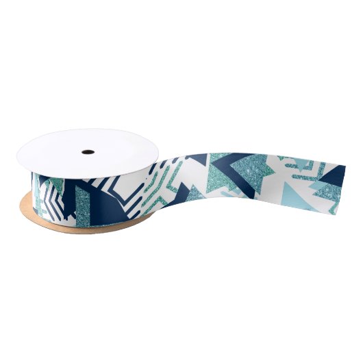 80s Luxe Abstract | Turquoise en Navy Blue Shapes Satijnen Lint (Spoel)