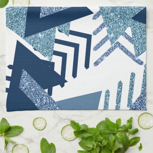 80s Luxe Abstract | Turquoise en Navy Blue Shapes Theedoek (Gevouwen)