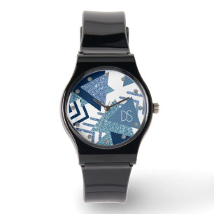 80s Luxe Abstract   Turquoise en Navy Monogram Horloge