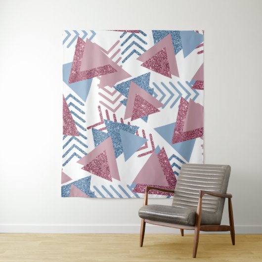 80s Maans Abstract | Stofachtig Mauve Roze en Blau Wandkleed (In situ)