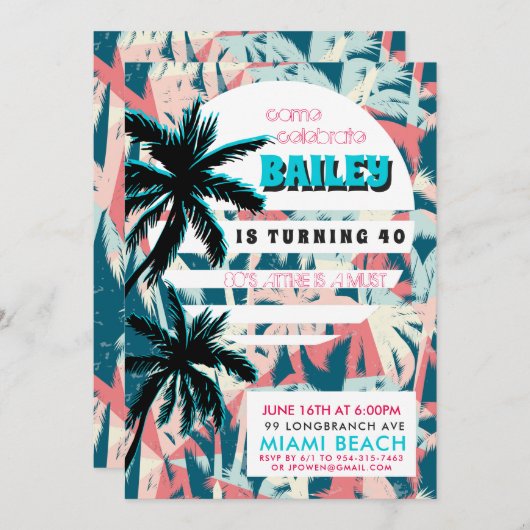 80s Miami Birthday Party Invitation Kaart (Voorkant / Achterkant)