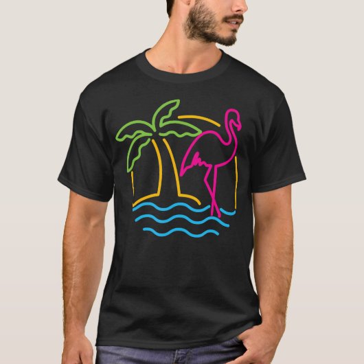 80S  Miami Retro Neon Roze Flamingo T-shirt (Voorkant)