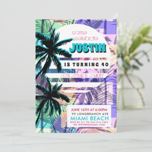 80s Miami verjaardagsfeestje uitnodiging (Staand voorkant)