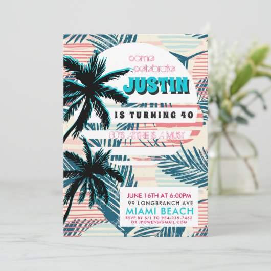 80s Miami verjaardagsfeestje uitnodiging (Staand voorkant)