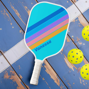 80s Neon Oceaan Lucht Gestreept met Naam Pickleball Paddle