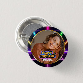 80s Neon Retro Aangepaste Foto & Naam Gefeliciteer Ronde Button 3,2 Cm