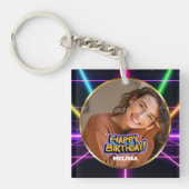 80s Neon Retro Custom Photo & Name Happy Birthday Sleutelhanger (voorkant)