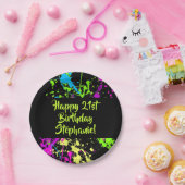 80s Party Retro Neon Paint Splatter Gepersonalisee Papieren Bordje (Feest)