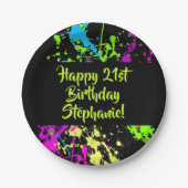 80s Party Retro Neon Paint Splatter Gepersonalisee Papieren Bordje (Voorkant)