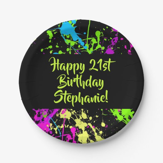 80s Party Retro Neon Paint Splatter Gepersonalisee Papieren Bordje (Voorkant)