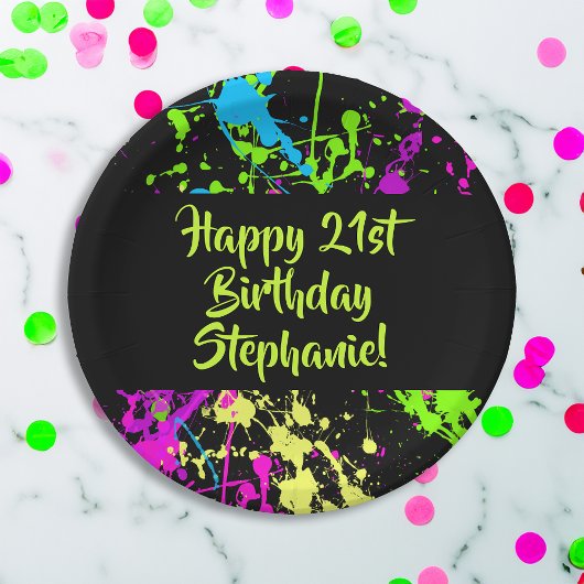 80s Party Retro Neon Paint Splatter Gepersonalisee Papieren Bordje
