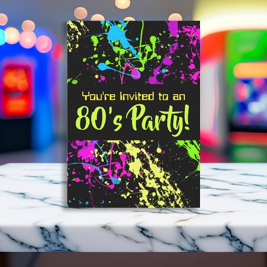 80s Party Retro Neon Paint Splatter Verjaardag Kaart