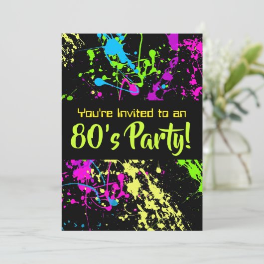80s Party Retro Neon Paint Splatter Verjaardag Kaart (Staand voorkant)