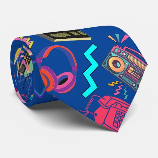 80's Pattern 01.w Blauw BG Stropdas (Opgerold)