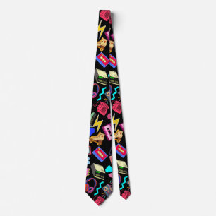 80's Pattern 01.w Zwart BG Stropdas