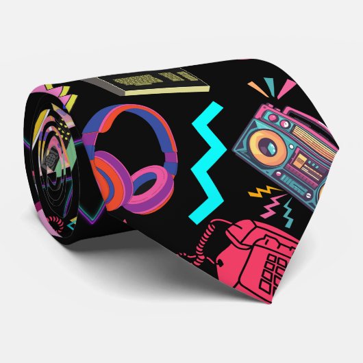 80's Pattern 01.w Zwart BG Stropdas (Opgerold)