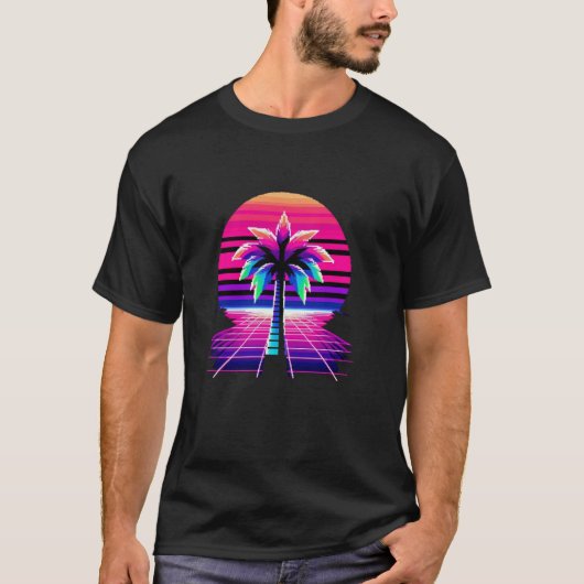 80s Pixel Art Sunset & Palm Tree Retro 8 Bit Vinta T-shirt (Voorkant)