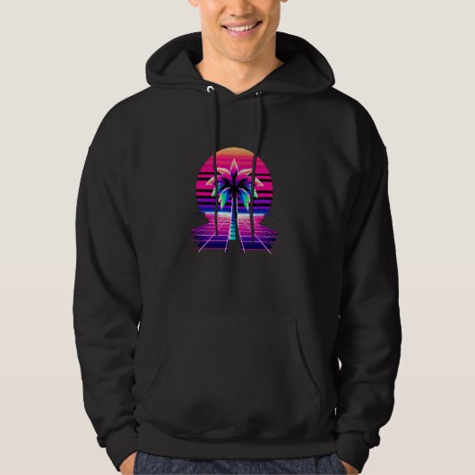 80s Pixel Art Zonsondergang & Palmboom Retro 8 Bit Hoodie (Voorkant)