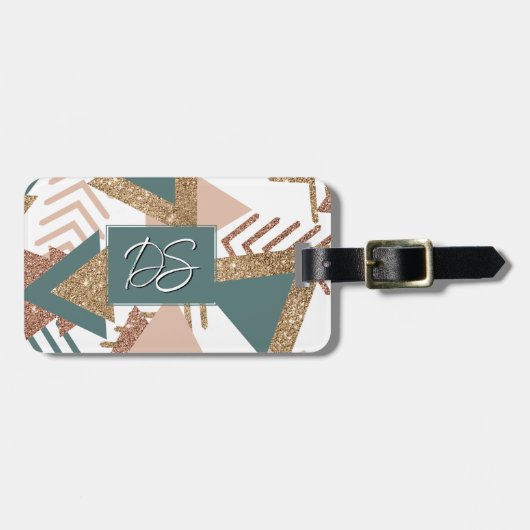 80s Retro Abstract | 70s Groene en Gouden Monogram Bagagelabel (Voorkant horizontaal)