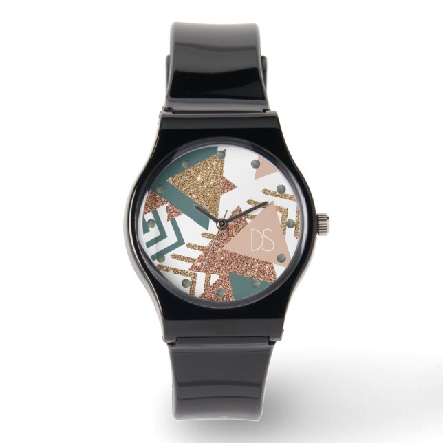 80s Retro Abstract | 70s Groene en Gouden Monogram Horloge (Voorkant)