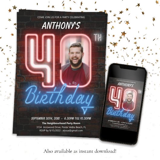 80s Retro Custom Foto Neon 40th Verjaardag Kaart