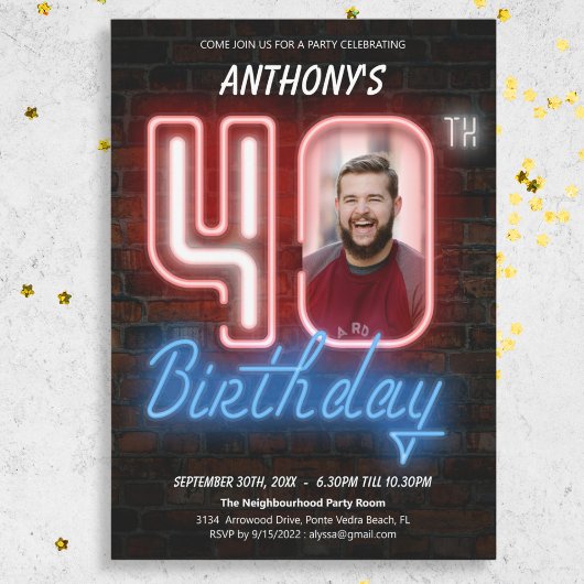 80s Retro Custom Foto Neon 40th Verjaardag Kaart
