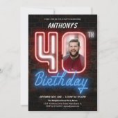 80s Retro Custom Foto Neon 40th Verjaardag Kaart (Voorkant)
