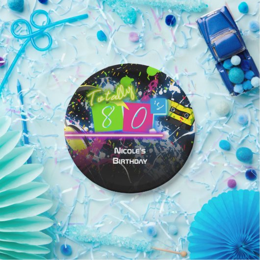 80's Retro Fun Verjaardagsfeest Neon Glow Splatter Papieren Bordje (Feest)