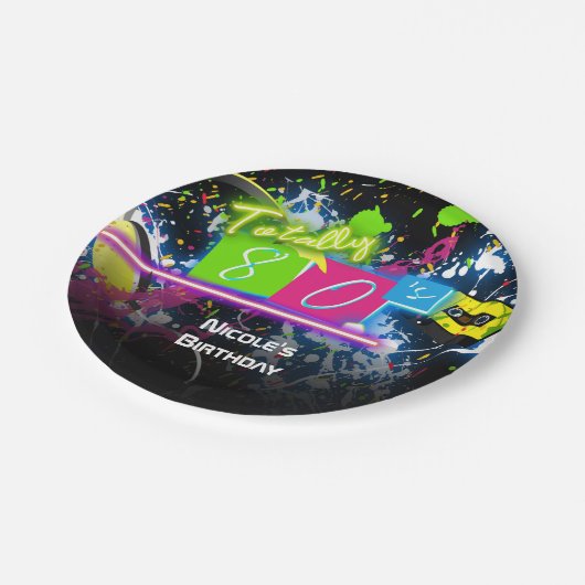 80's Retro Fun Verjaardagsfeest Neon Glow Splatter Papieren Bordje (Gekanteld)