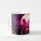 80s retro futuristic sci-fi achtergrond met motor koffiemok (Voorkant links)