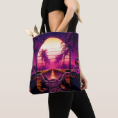 80s retro futuristic sci-fi achtergrond met motor tote bag (Dichtbij)