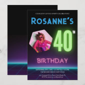 80s Retro Nacht Custom Photo Neon 40ste Verjaardag Kaart (Voorkant / Achterkant)