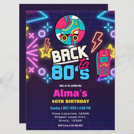 80s Retro Neon 40e verjaardag Kaart (Voorkant / Achterkant)