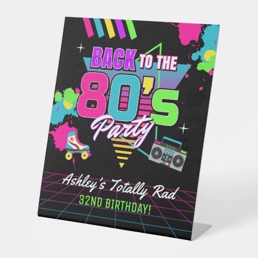 80s Retro Neon Verjaardagsbord Reclamebord Met Voetstuk (Voorkant)