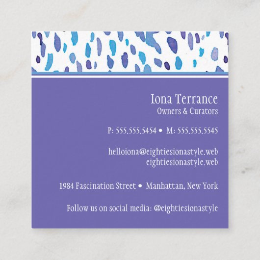 80s Retro Paarse en Blauwe Vlekken Vierkante Visitekaartje (Achterkant)