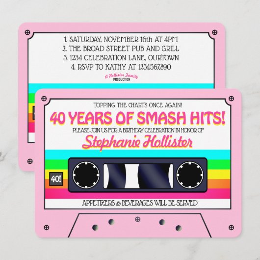 80's Retro Pink Neon Label Cassette Birthday Party Kaart (Voorkant / Achterkant)