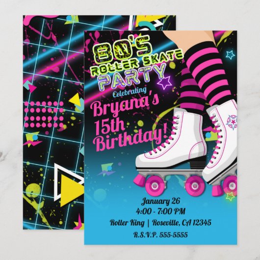 80's Retro Roller Skating Schaats Verjaardagsfeest Kaart (Voorkant / Achterkant)
